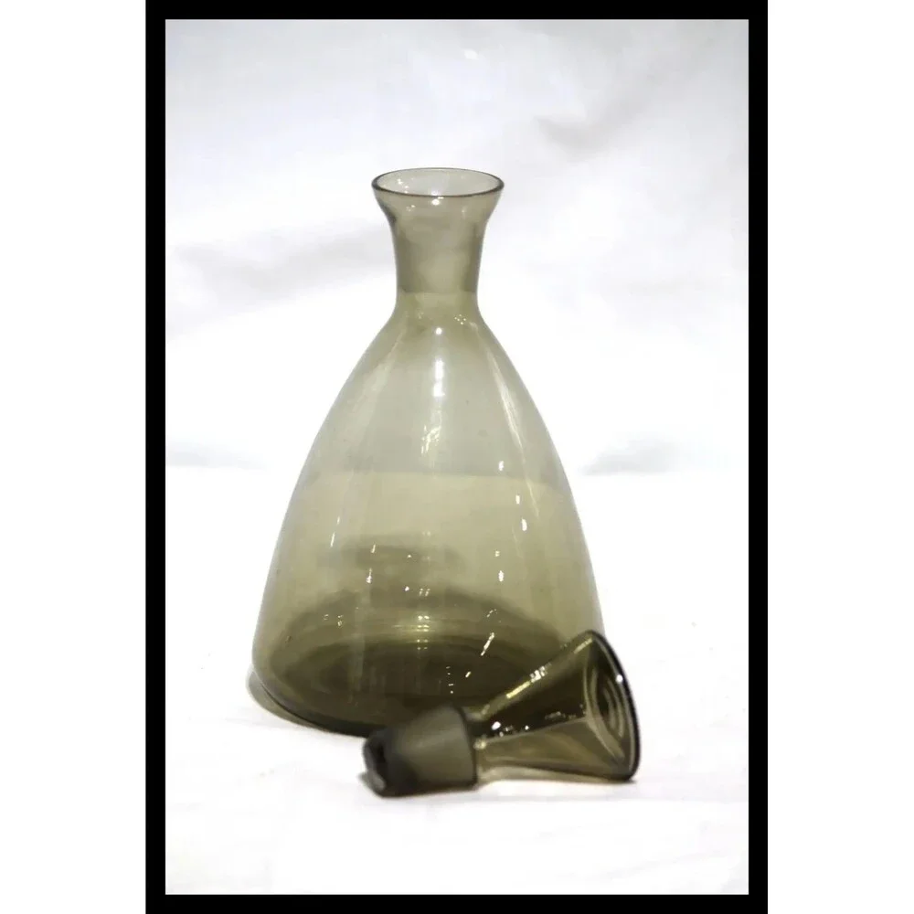 Vintage MCM Smoke Gray Glass Decanter w/ Glass Stopper Pour Spout Mid Century